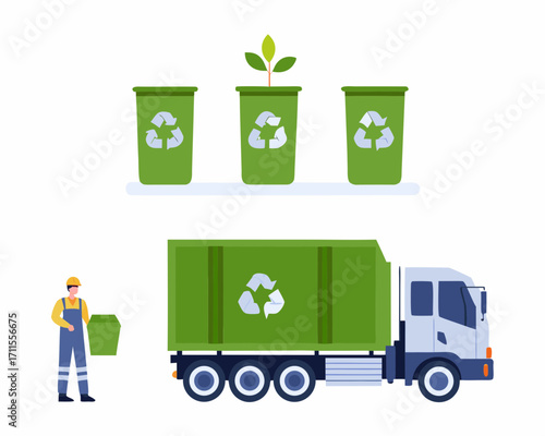 Recycling worker collecting waste into a truck next to recycling bins with plant growth