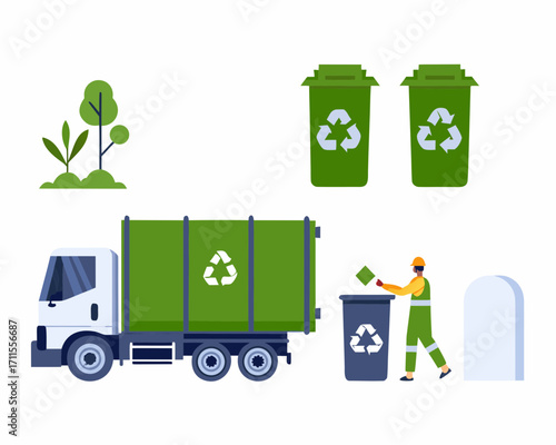 Recycling truck and worker collecting trash with green bins and plants