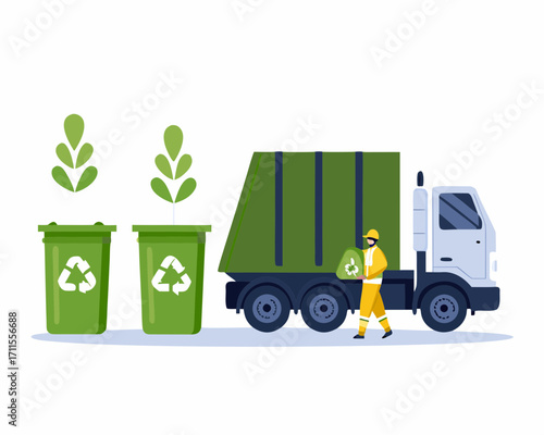 Garbage collector with recycling truck and bins collecting waste for environmental protection