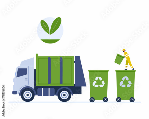 Garbage truck and worker collecting trash in recycling bins with plant symbol