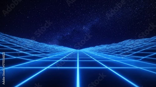 Surreal digital landscape with glowing neon grid stretching into starry night sky