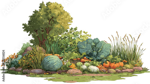 A digital painting depicting a vibrant autumn garden scene. The illustration showcases a variety of plants, including pumpkins, gourds, cabbages, other vegetables, herbs, and flowering plants