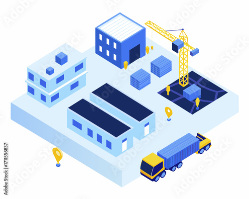 Isometric logistics and distribution center with crane and truck