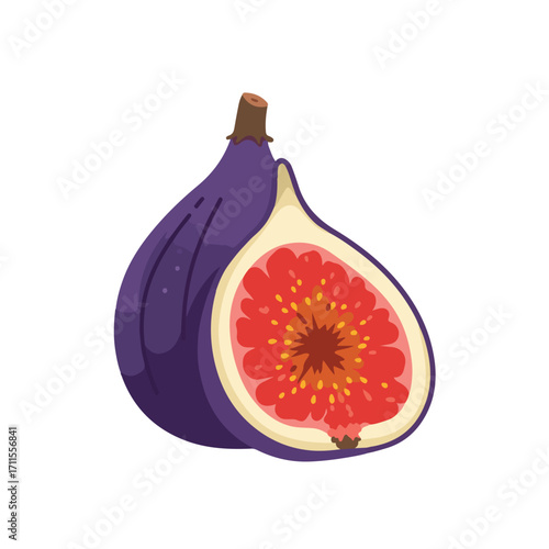 A stylized, halved fig with a dark purple skin and juicy red interior on a white background