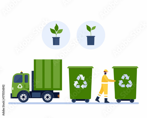 Recycling worker with truck and bins concept of environmental care