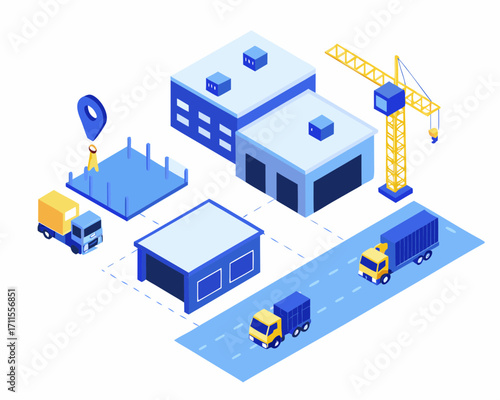 Isometric illustration of a logistics and construction site with trucks and crane