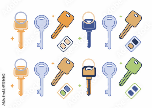 Collection of colorful flat design keys and key fobs on white background