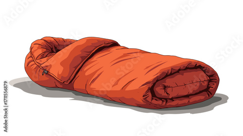 A digital illustration of an orange sleeping bag rolled up and lying on a white background. The sleeping bag is shown from a slightly elevated angle, highlighting its three-dimensional form.