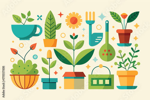 Bright and colorful illustration of plants, gardening tools, and nature elements on a light background