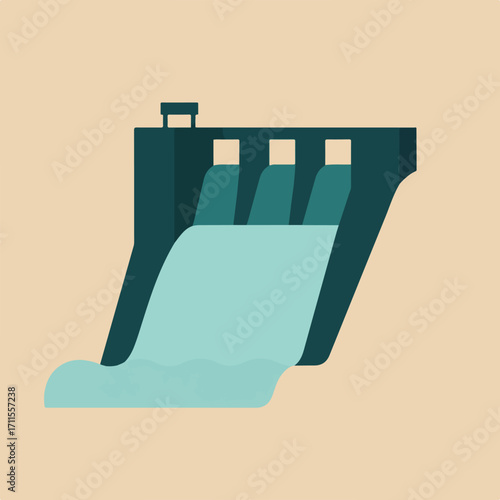 Minimalist illustration of a hydroelectric dam with teal water flowing over it