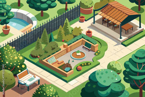 Beautiful garden landscape with seating area, planters, and trees in a sunny outdoor setting