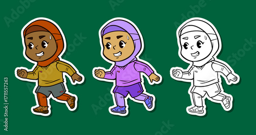 Cute Muslim girl in hijab running sticker illustration