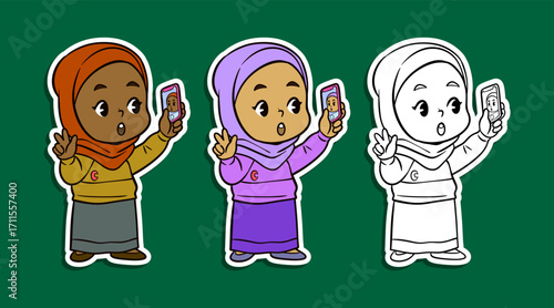 Cute Muslim girl in hijab taking selfie sticker illustration