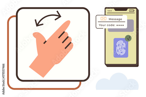 Hand swipe gesture indicating actions, smartphone screen displaying password and fingerprint authentication prompt. Ideal for security, authentication, user interface, access, privacy, identity