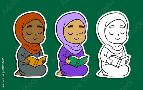 Cute Muslim girl in hijab reading book sitting sticker illustration