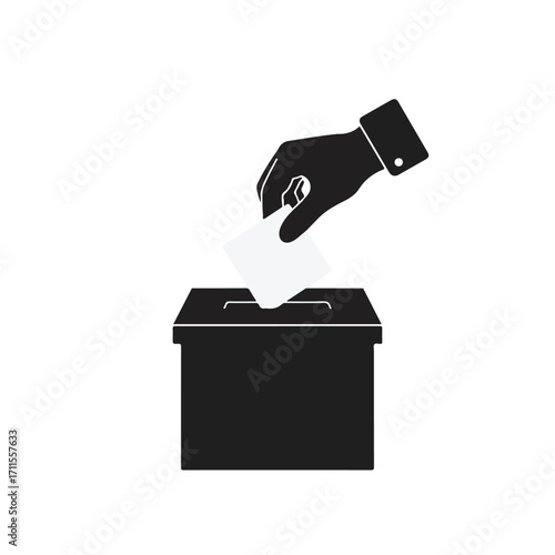 Black silhouette of hand inserting vote into ballot box on white backdrop