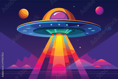 Colorful spaceship emitting light beams over a distant landscape with planets in the night sky