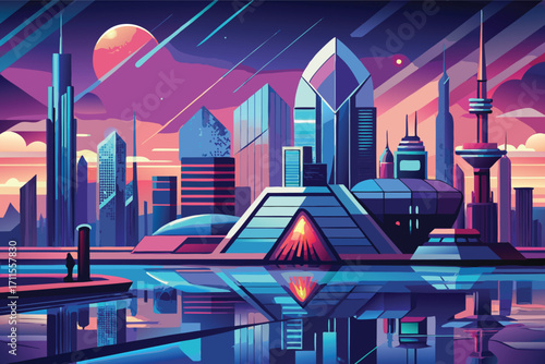 Futuristic cityscape at dusk with glowing buildings and serene reflections on water