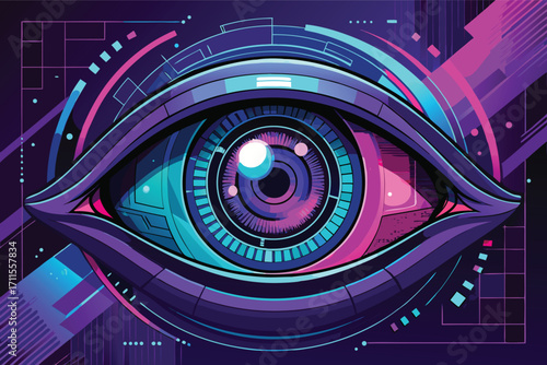 Colorful digital eye with futuristic design and technology elements in vibrant hues