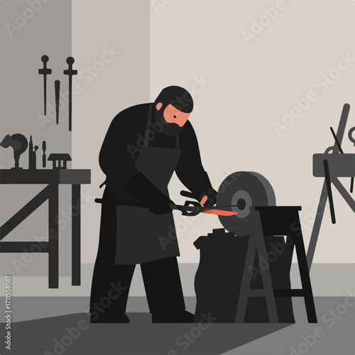Stylized vector illustration of a blacksmith working with heated metal in his shop