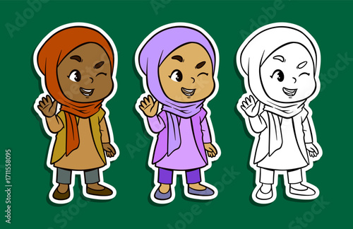 Cute Muslim girl in hijab waving hand sticker illustration