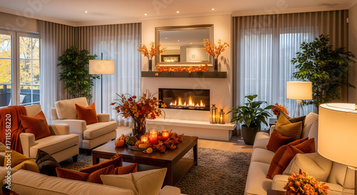 Luxurious Seasonal Cozy Living Room decorated for fall, featuring a warm fireplace, orange accents, and an inviting, comfortable ambiance