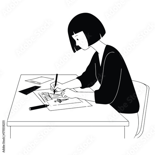 Woman with dark bob drawing objects on paper at desk in black and white outline style