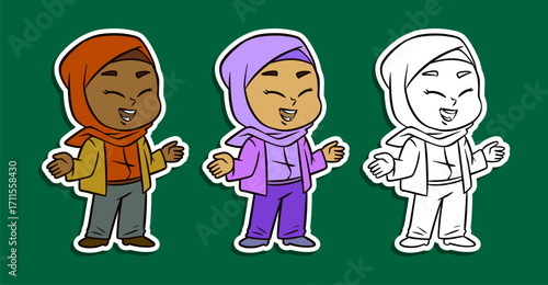 Cute Muslim girl in hijab talking with open hands sticker illustration