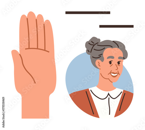 Open palm gesture facing outward next to portrait of elderly woman with gray bun hairstyle. Ideal for communication, respect, no, refusal, stop, awareness, and safety. Simple flat metaphor