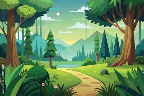 Scenic view of a peaceful forest landscape with a winding path and a tranquil lake under a clear sky