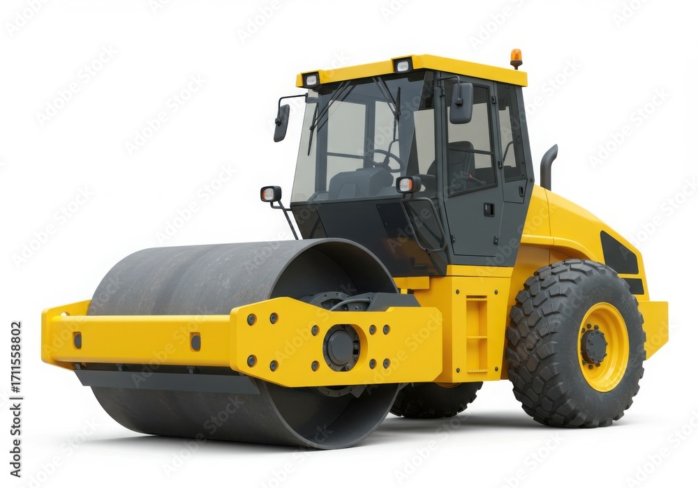 Fototapeta premium Yellow vibratory soil compactor machine on white background