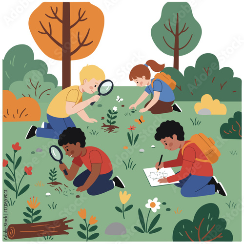 Children explore nature, using magnifying glasses and sketch pads in a whimsical outdoor scene