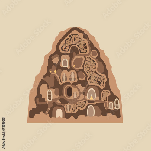 Cross-section view of an ant colony showing the underground tunnels and chambers in brown tones