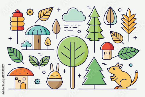 Colorful illustration of trees, animals, and plants in a whimsical woodland setting during daytime