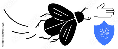 Flying fly evades a swatting motion near a shield with fingerprint design. Ideal for pest control, hygiene, protection, precision, swift reaction, safety measures, simple flat metaphor