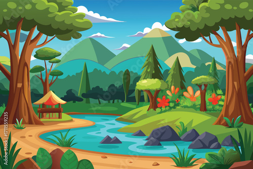 Serene riverbank scene surrounded by lush greenery under a bright blue sky in a tranquil landscape