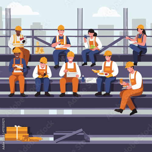 A diverse group of construction workers enjoys a well-deserved lunch break together on a modern urban building site, fostering camaraderie and rest.