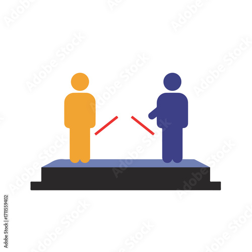 Two stylized figures, one gold and one blue, standing apart with red lines between them