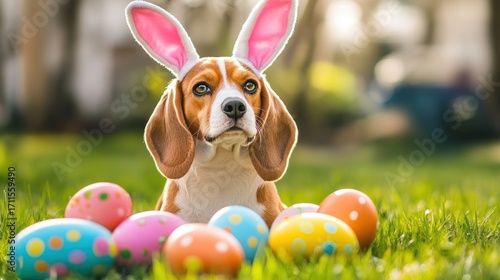 Beagle with bunny ears sitting beside Easter eggs