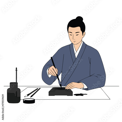 Man, dressed in a robe, doing calligraphy with a brush on a paper-covered table
