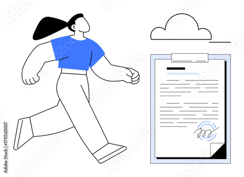 Woman striding with purpose beside a signed document on a clipboard under a simple cloud. Ideal for confidence, progress, agreement, contract, goal setting, success, and decision-making. Clean