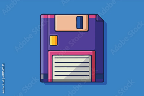 Colorful floppy disk design on bright blue background for retro technology enthusiasts and digital nostalgia
