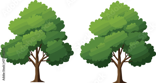 Cartoon vector trees with green leafy canopies and brown trunks, nature illustration for forest design, environment, education, and decor use