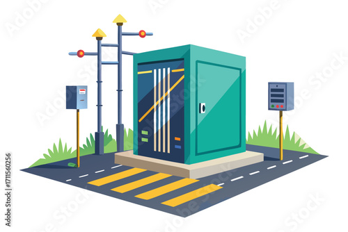 Utility control box near traffic signals in a modern urban setting during daytime