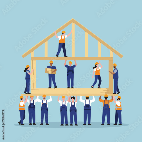 A diverse team of skilled construction workers collaboratively assembles the wooden frame of a new house, demonstrating unity and shared effort in building a future.