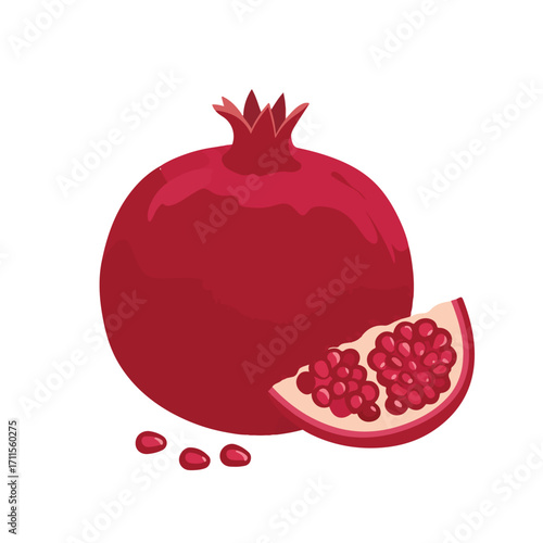 Illustration of a deep-red pomegranate with crown, slice exposing seeds, and loose seeds