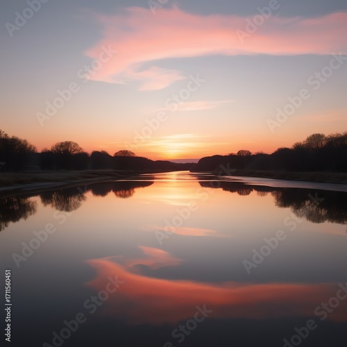 Wallpaper Mural Calm River Reflection at Sunset – Serene Wallpaper of Tranquil River Mirroring Golden Sunset Colors in Perfect Balance Torontodigital.ca