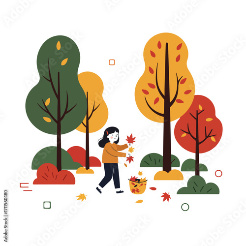 A simple illustration of a person picking up autumn leaves in a park with trees