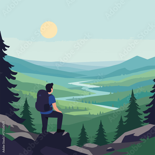 Backpacking man observes green layered mountain valley with winding river on a sunny day