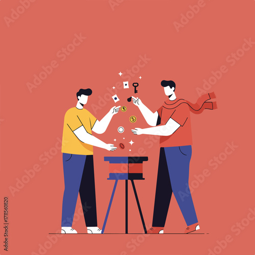 Two people performing magic on a red background with floating objects above a table